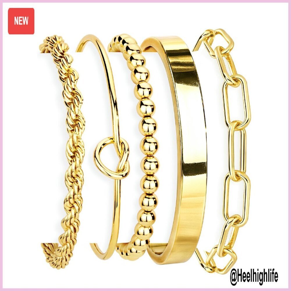 14K Gold Plated Chunky Cuff Bracelet Stackable Adjustable Non Tarnish